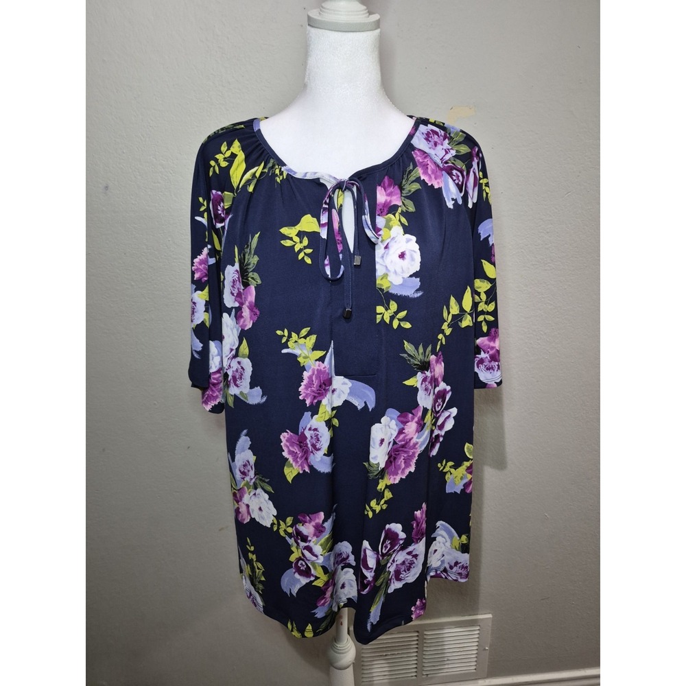 JM Collection Floral Front Tie Top Blouse ‎ XL Vibrant Boho Flowy Preppy Stretch